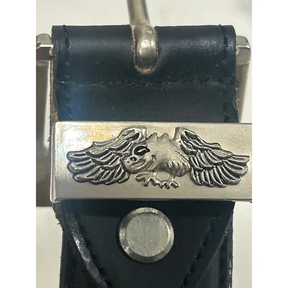 Mens Black Leather Belt Eagle USA Embossed‎ Silver Buckle Size L